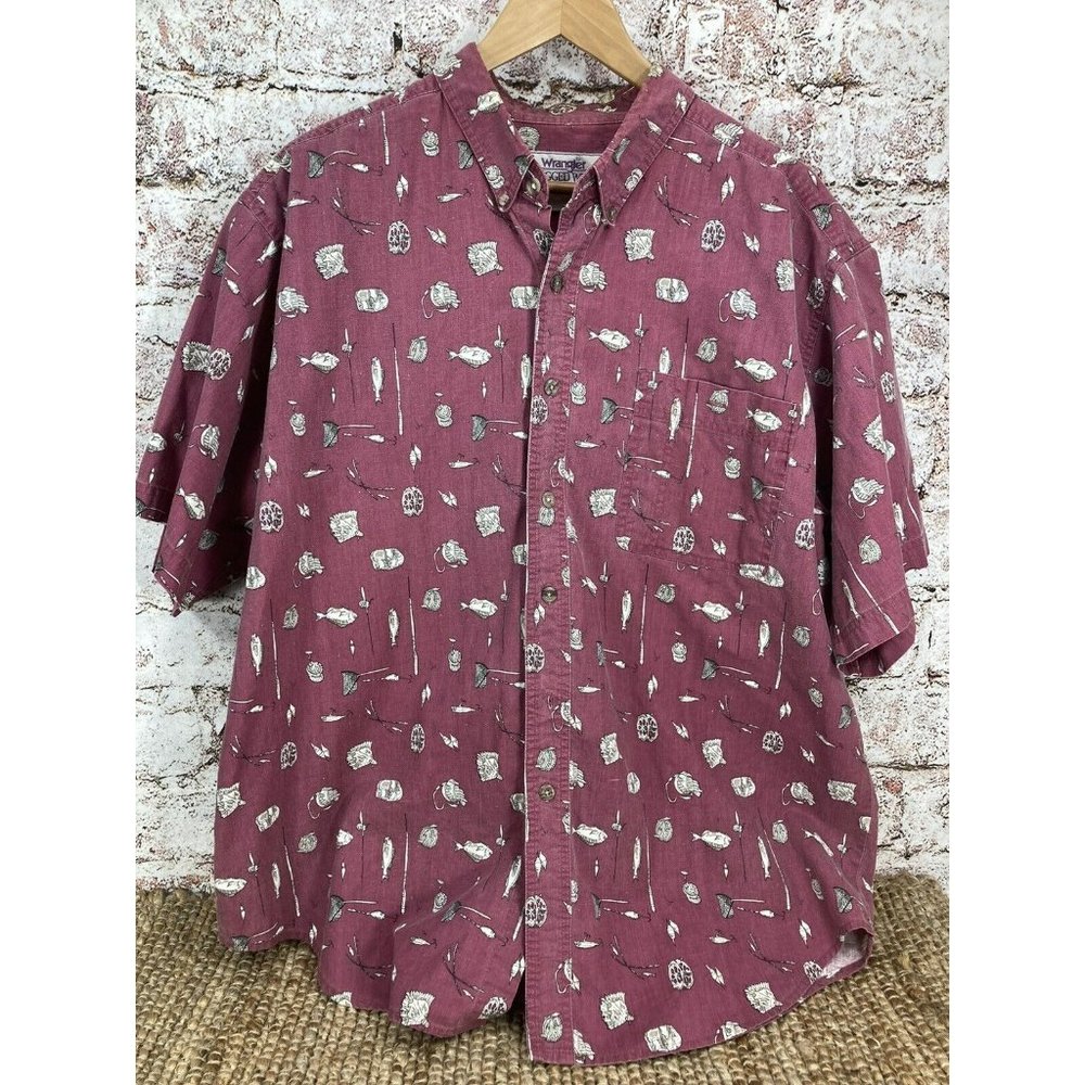 Wrangler Rugged Wear Mens Short Sleeve Button Up Fishing Shirt Maroon Tan XL?